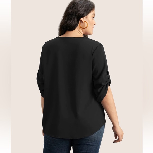 BloomChic Plus Size V Neck Plain Pleated Tab Sleeve Blouse - Picture 2 of 5